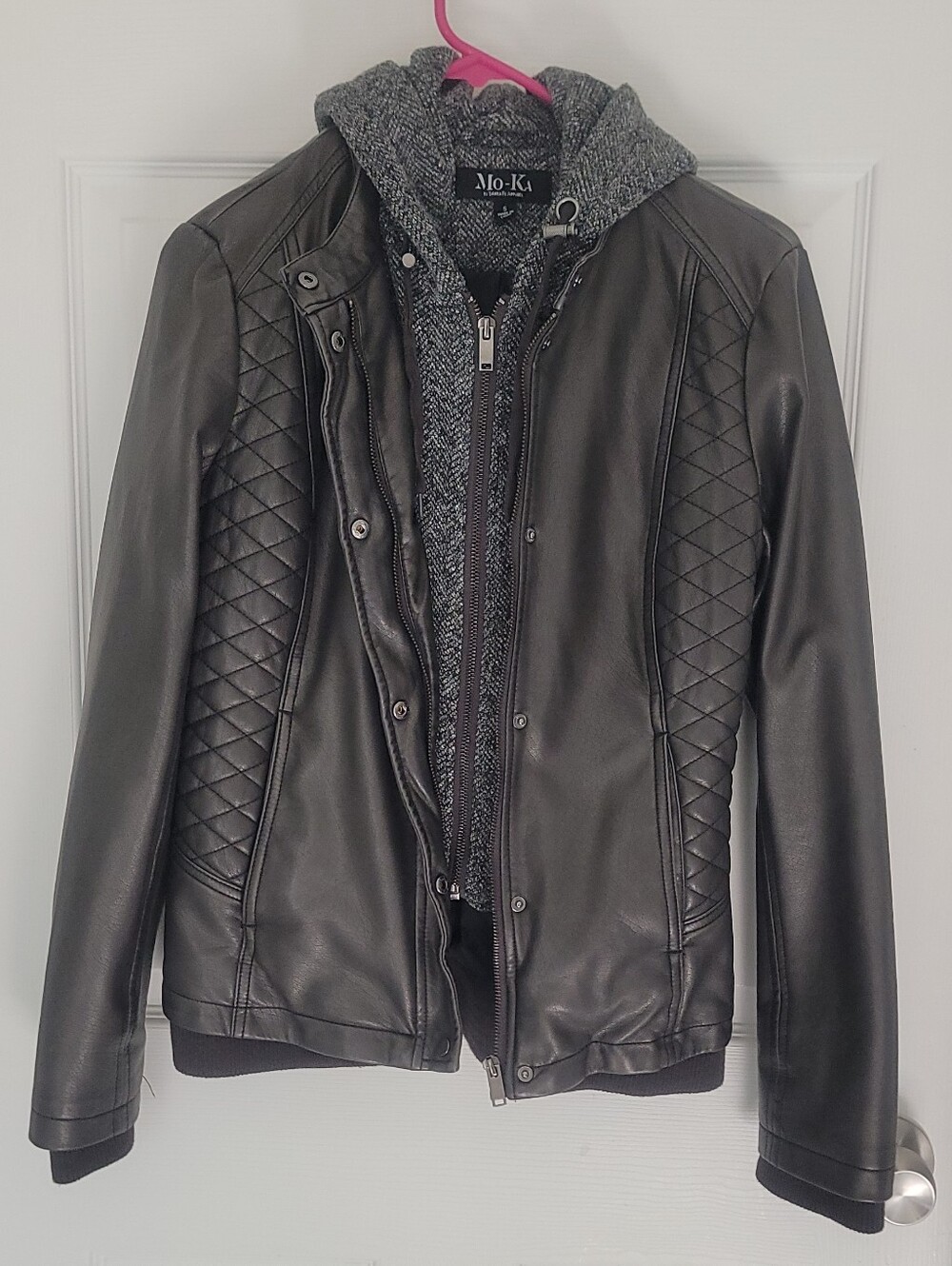 Women’s Black Faux Leather Jacket with Quilted Side Panels and Knit Hood Size S
